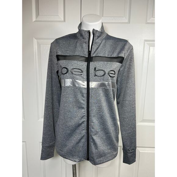 Bebe Sport Heather Gray Mesh Striped Zip Front Athletic Jacket Size Medium - Picture 1 of 6